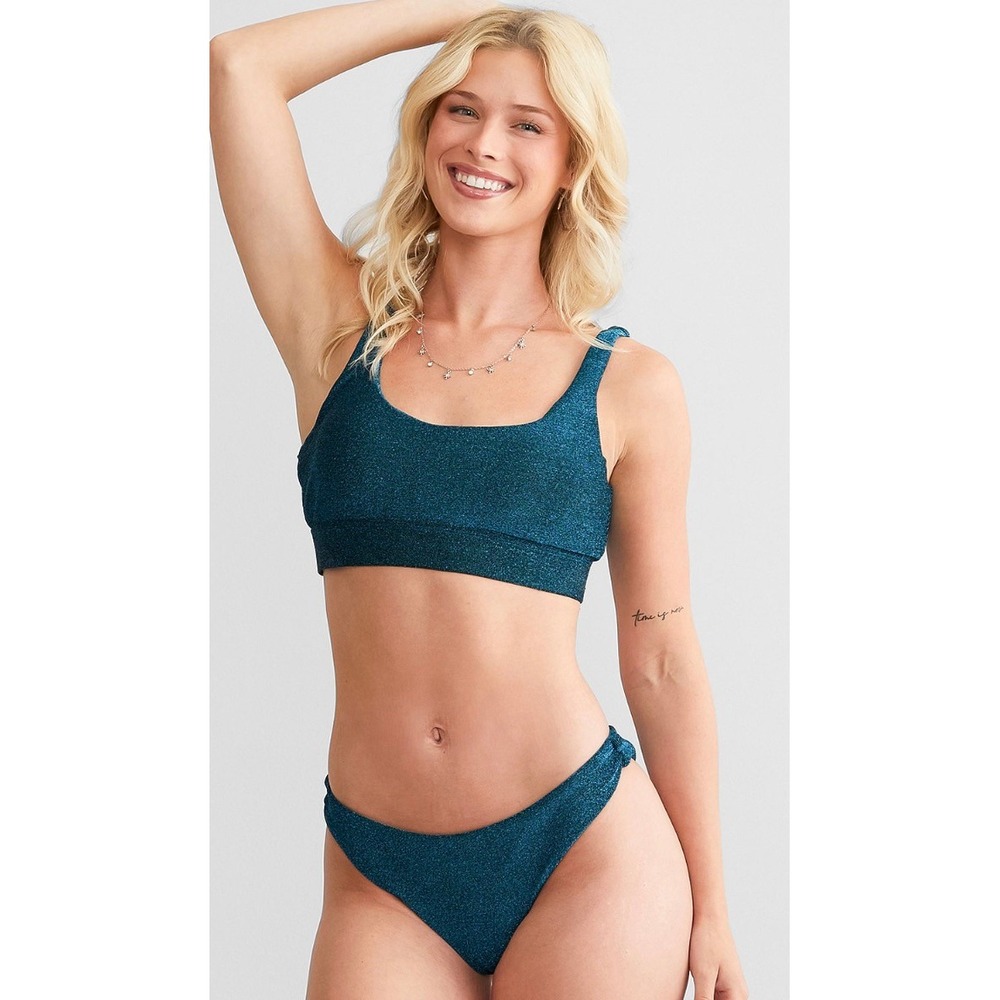 Cyn & Luca Val Metallic Bikini Set Turquoise Blue Shimmer Scoop Neck Ruched L